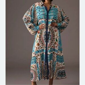 Anthropologie Teal-Multicolor Medallion Maxi Let Me Be Printed Shirt Dress 1X
